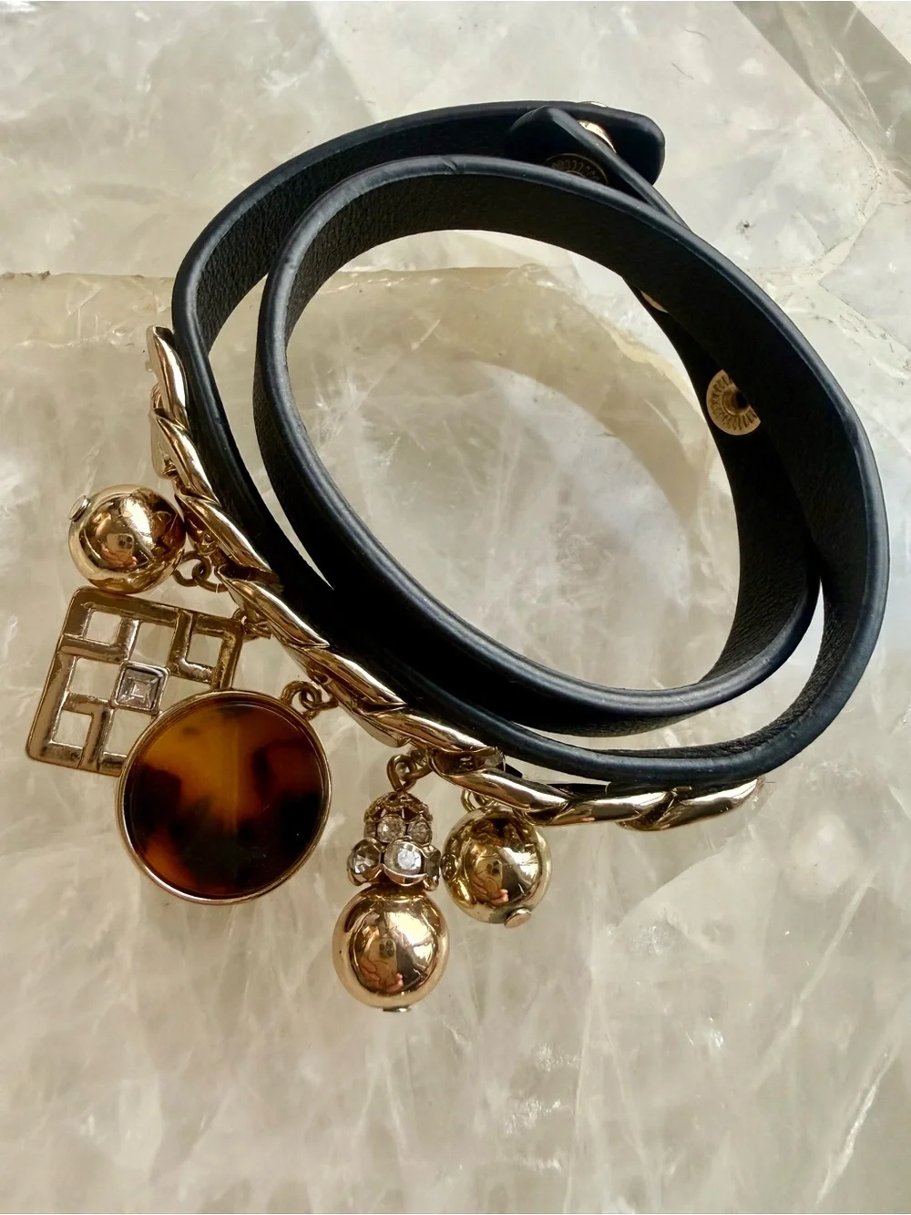 Gold Chain Charm Wrap Bracelet with Black Leather/ Adjustable